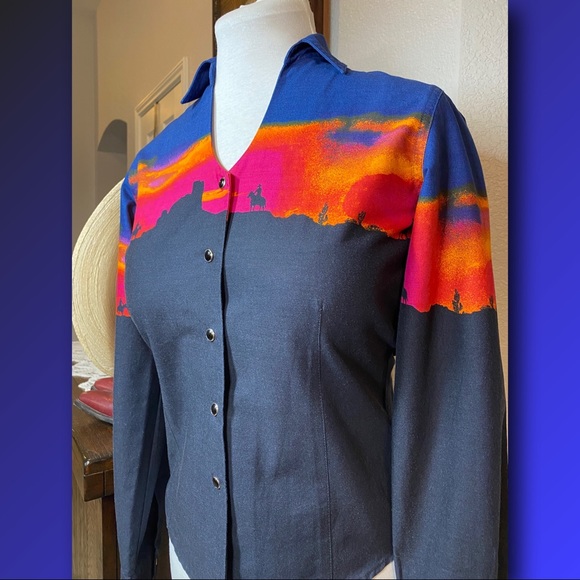Vintage 90’s Wrangler Western Snap Button Down Shirt  Black & Blue 
Size S - Picture 3 of 10